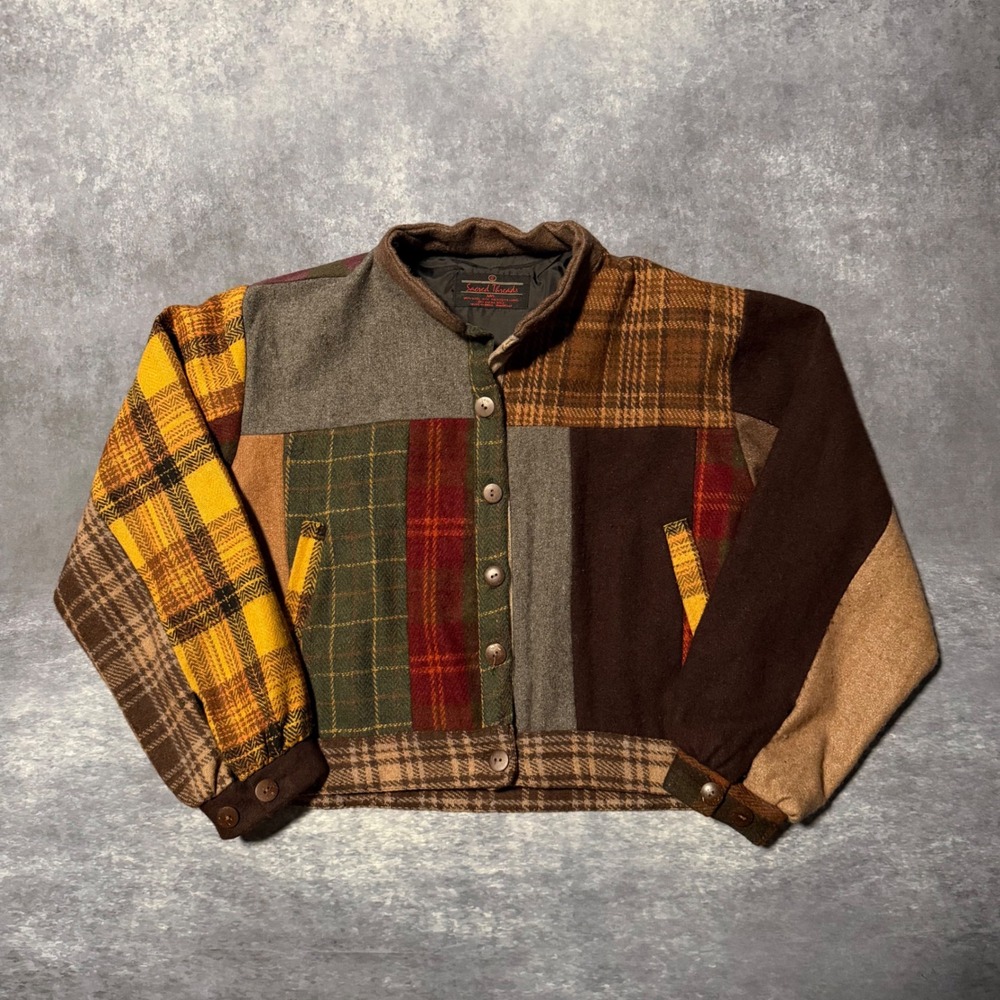 VTG Sacred Threads Patchwork Wool Jacket Women M/L Plaid Boho Bomber Grandmacore